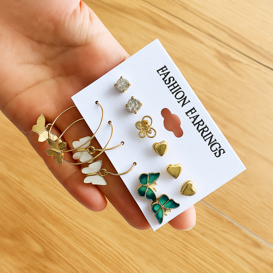 6 Pairs Gold Plated Crystal Butterfly & Hoop Earrings