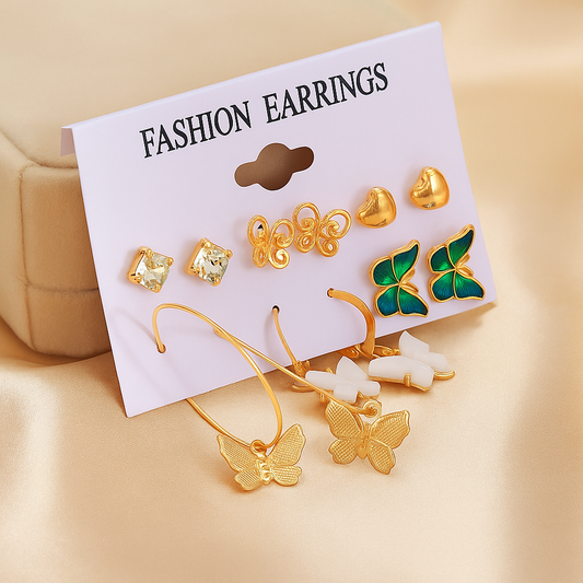 6 Pairs Gold Plated Crystal Butterfly & Hoop Earrings