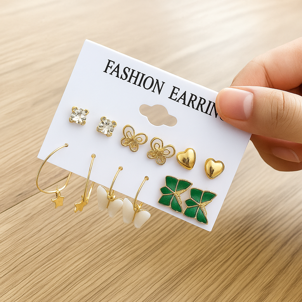 6 Pairs Gold Plated Crystal Butterfly & Hoop Earrings
