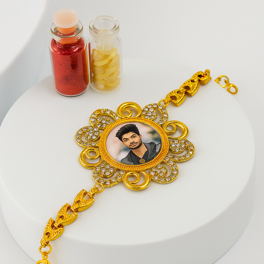 Personalized Photo Bracelet Rakhi with Kumkum & Chawal – A Memory You Can Wear