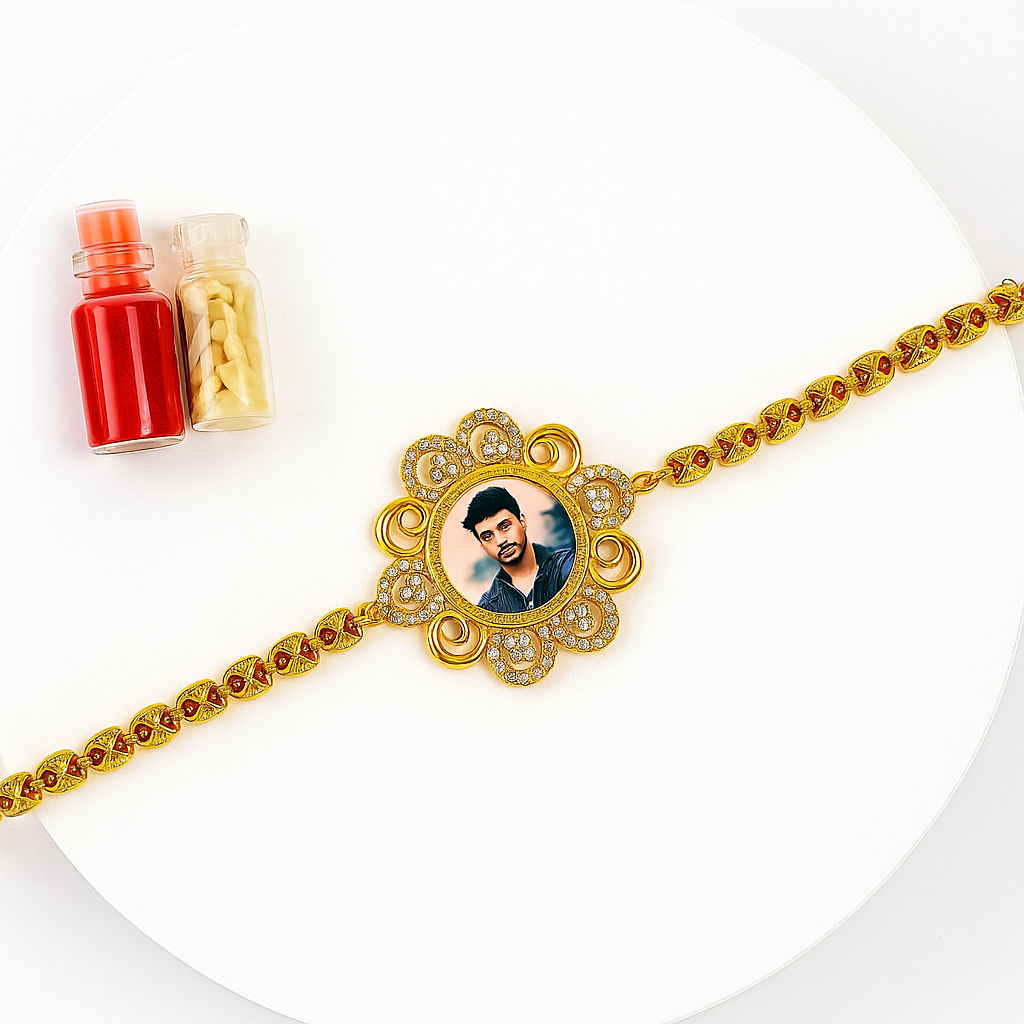 Personalized Photo Bracelet Rakhi with Kumkum & Chawal – A Memory You Can Wear