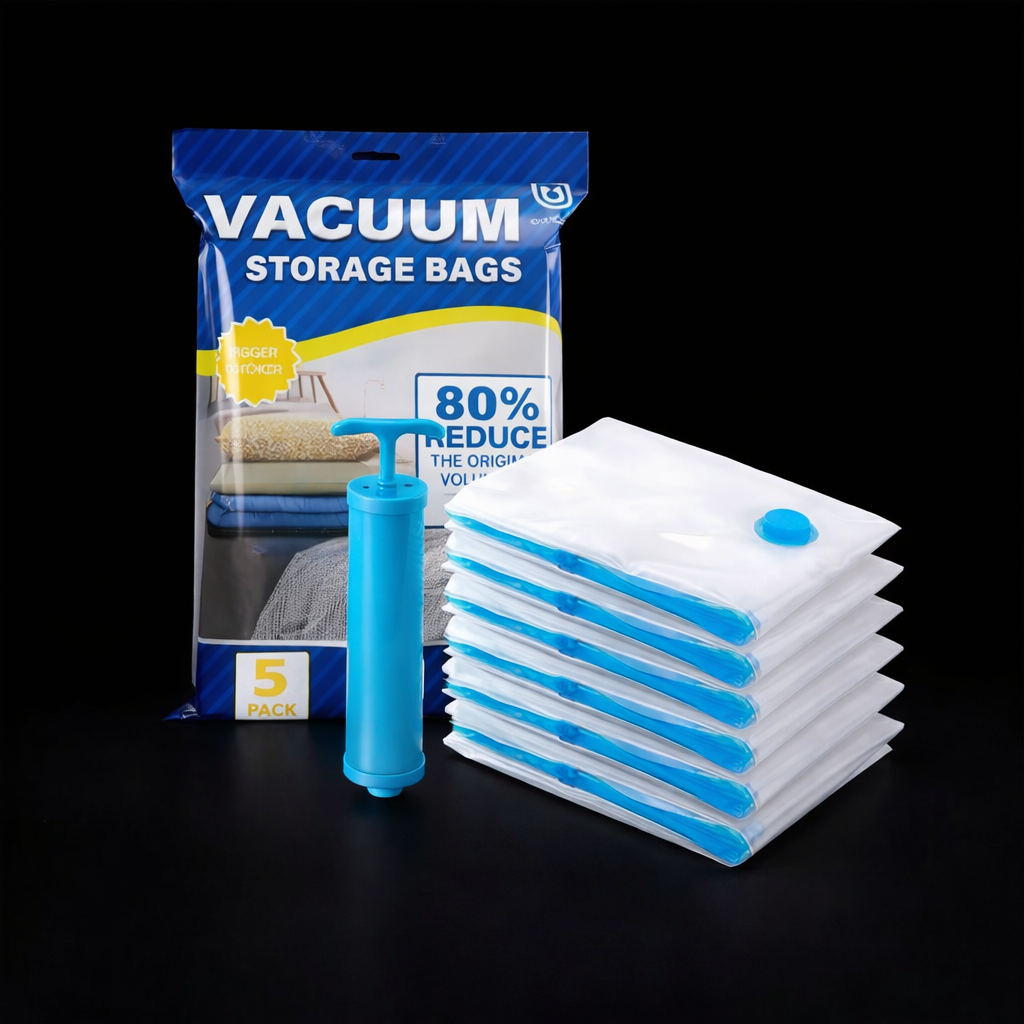 Vacuum storage bags with hand pump for space saving