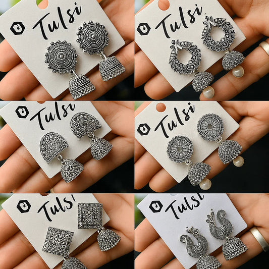 Silver Plated Earrings – Combo of 6 Pairs (Oxidised Style)